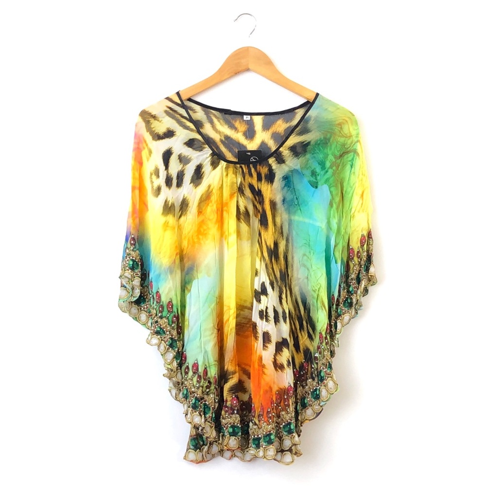 Ash & Sara Rainbow Leopard Gem Boho Flutter Sleeve Beach Coverup Blouse Top M